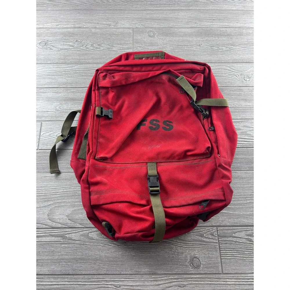Vintage FSS Red Canvas Fire Shelter Backpack Utility Gear Bag Olive Straps
